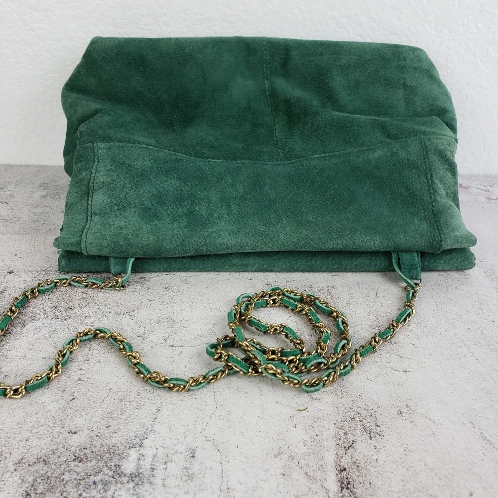 Vintage Suede Leather Purse Bag Emerald Green Crossbody Big Mouth Chain Strap